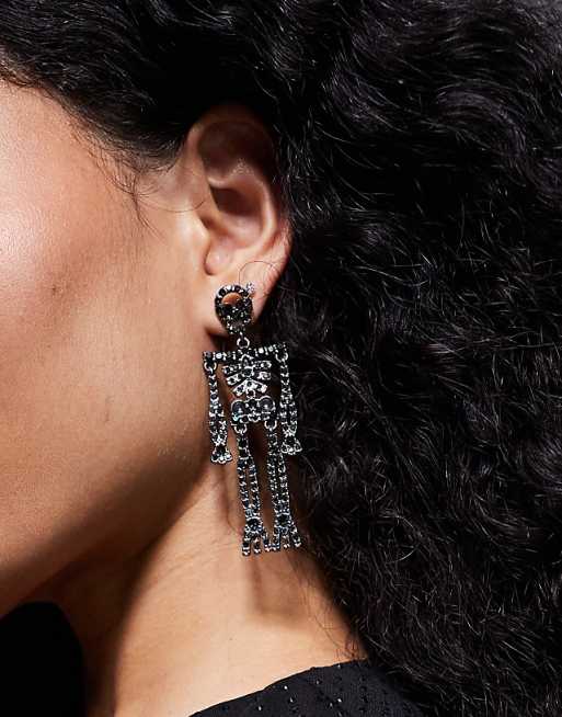 DESIGN Halloween diamante skeleton drop earrings in black