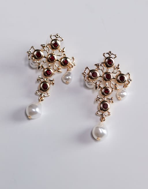 DESIGN Halloween Gem Embellished Cross Earrings With Faux Pearls In Gold Tone