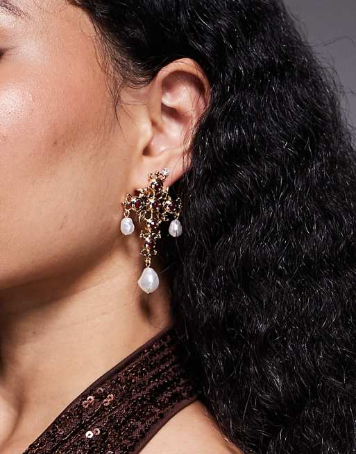 DESIGN Halloween gem embellished cross earrings with faux pearls in gold tone