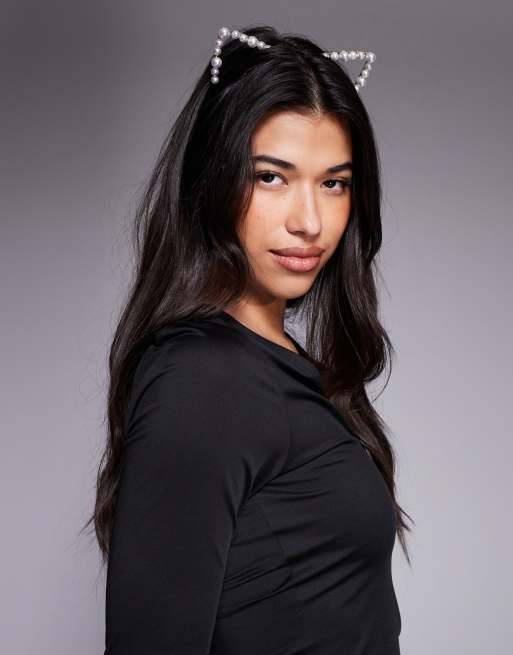 DESIGN Halloween Headband With Faux Pearl Detail Cat Ears In Gold Tone