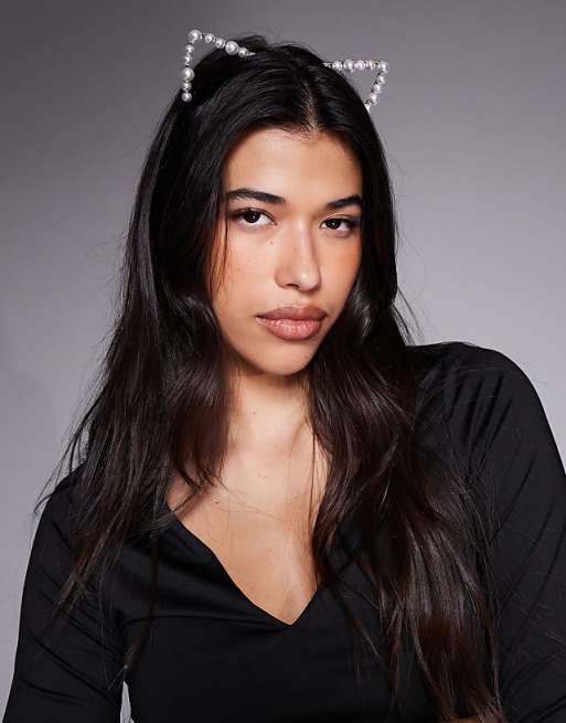DESIGN Halloween headband with faux pearl detail cat ears in gold tone