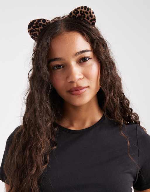 DESIGN Halloween Headband With Fluffy Leopard Ears In Brown Multi