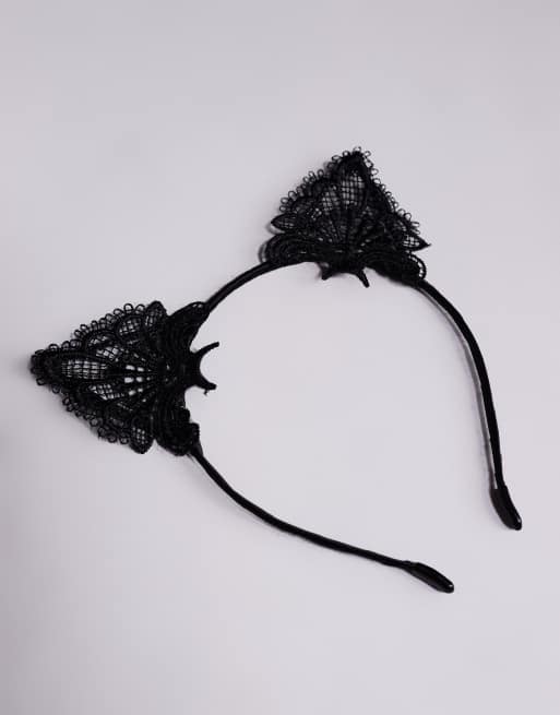 DESIGN Halloween Headband With Lace Fluffy Cat Ears In Black