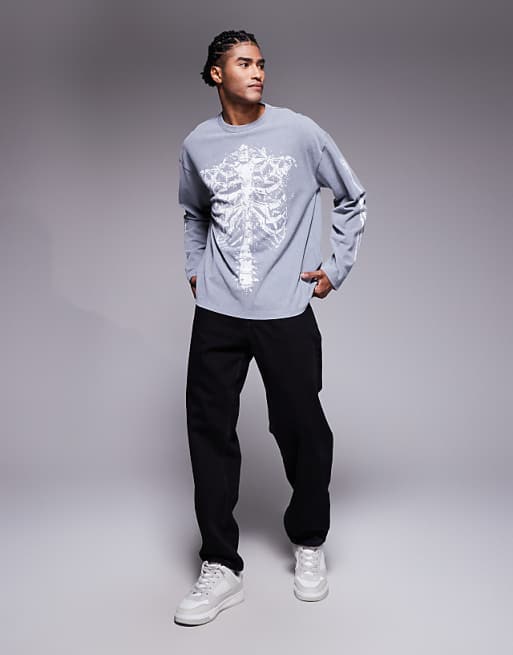 DESIGN Halloween Heavyweight Oversized Long Sleeve T-shirt With Rib Skeleton Graphic In Washed Grey