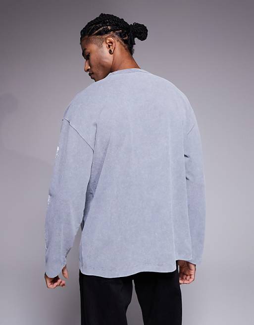 DESIGN Halloween Heavyweight Oversized Long Sleeve T-shirt With Rib Skeleton Graphic In Washed Grey