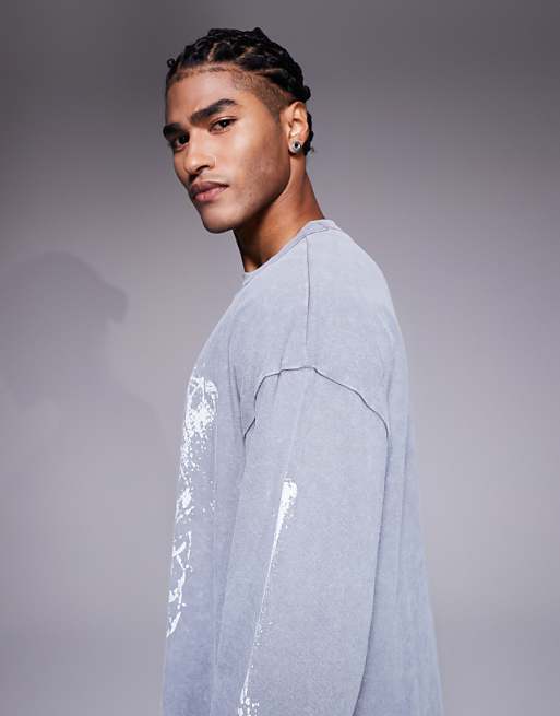 DESIGN Halloween Heavyweight Oversized Long Sleeve T-shirt With Rib Skeleton Graphic In Washed Grey