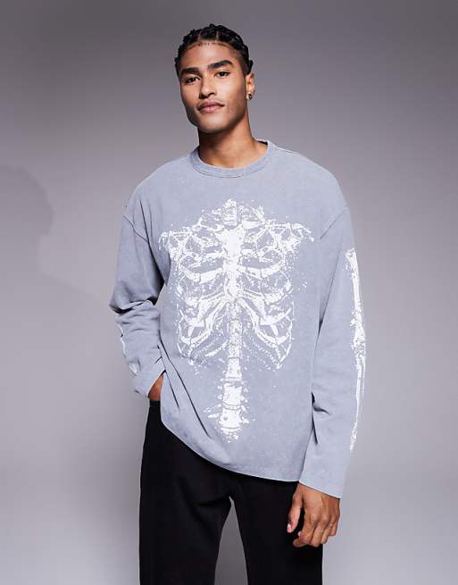DESIGN Halloween heavyweight oversized long sleeve t-shirt with rib skeleton graphic in washed grey
