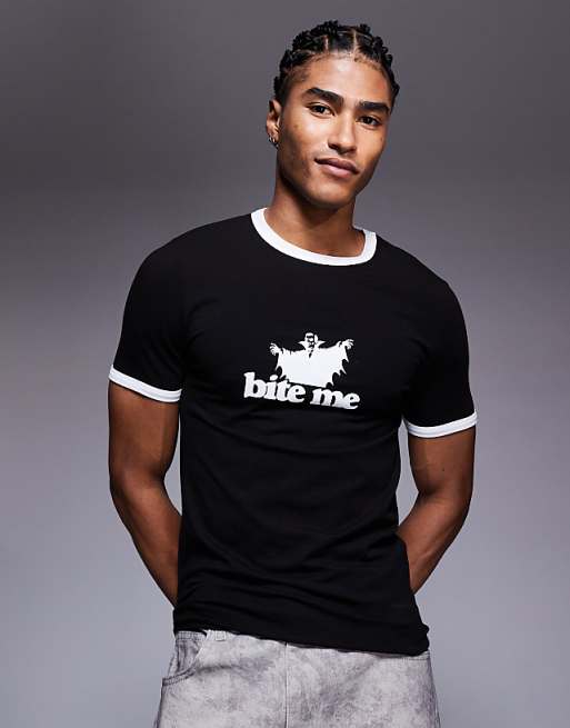 DESIGN Halloween muscle fit ringer t-shirt with slogan text graphic in black