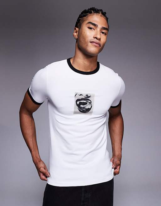 DESIGN Halloween muscle fit ringer t-shirt with photographic vampire graphic in white