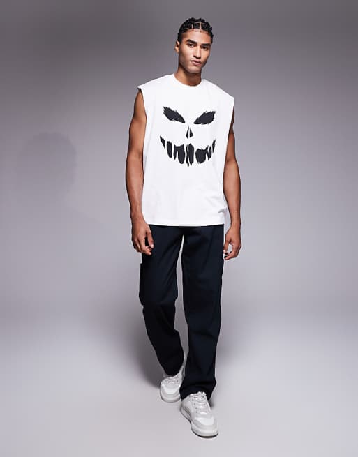 DESIGN Halloween Oversized Tank With Scary Face Graphic In White