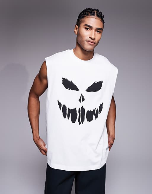 DESIGN Halloween Oversized Tank With Scary Face Graphic In White