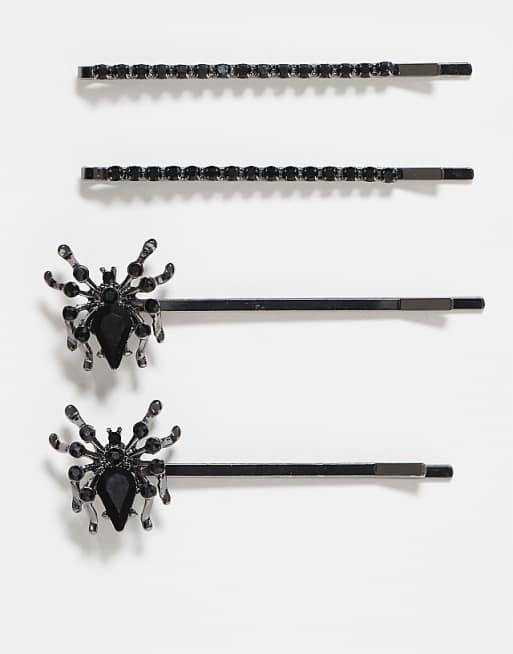 DESIGN Halloween pack of 4 hair slides with crystal spider design in silver tone