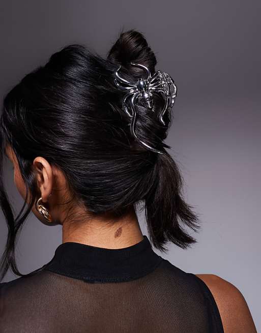 DESIGN Halloween spider hair claw in rhodium silver tone