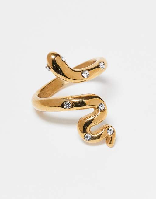 DESIGN Halloween Stainless Steel Wrap Around Snake Ring With Crystals In Gold Tone