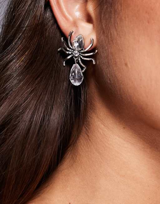 DESIGN Halloween Stud Earrings With Faux Crystal Spiders In Silver Tone