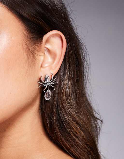 DESIGN Halloween stud earrings with faux crystal spiders in silver tone