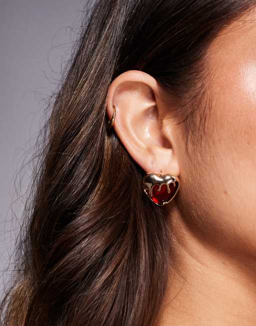 DESIGN Halloween Stud Earrings With Faux Gem Heart And Drip Effect In Gold Tone
