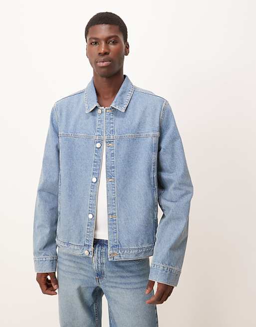 DESIGN harrington jacket in light wash denim with subtle green tint