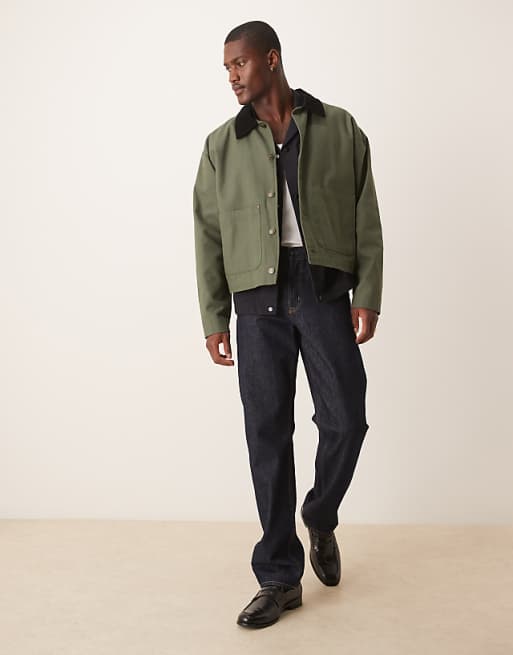 DESIGN Harrington Jacket With Cord Collar In Washed Khaki - KHAKI