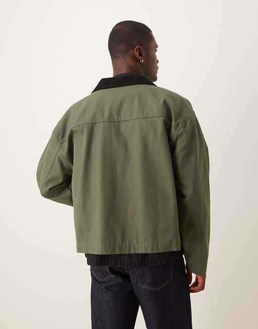 DESIGN Harrington Jacket With Cord Collar In Washed Khaki - KHAKI