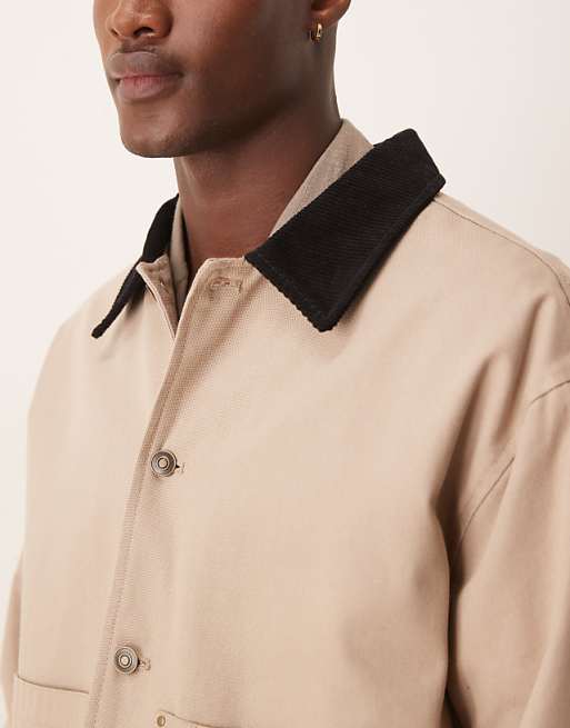 DESIGN Harrington Jacket With Cord Collar In Washed Stone - STONE