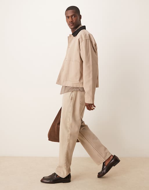 DESIGN Harrington Jacket With Cord Collar In Washed Stone - STONE