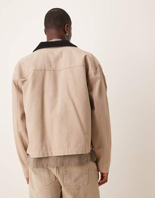 DESIGN Harrington Jacket With Cord Collar In Washed Stone - STONE