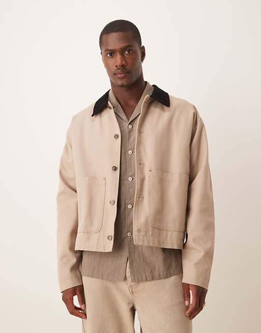 DESIGN harrington jacket with cord collar in washed stone - STONE
