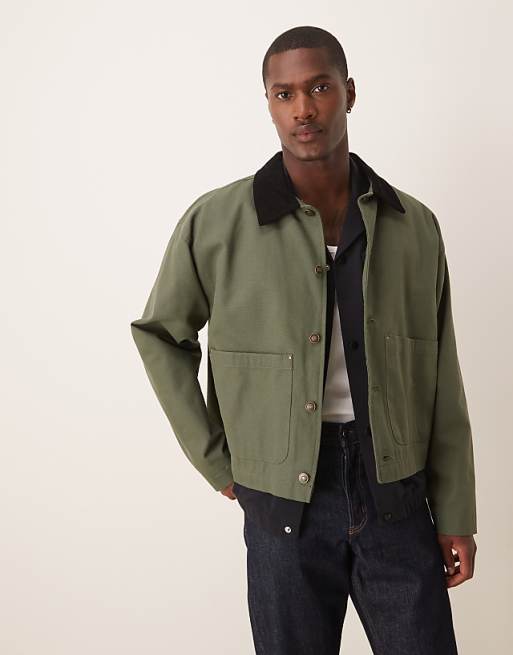 DESIGN harrington jacket with cord collar in washed khaki - KHAKI