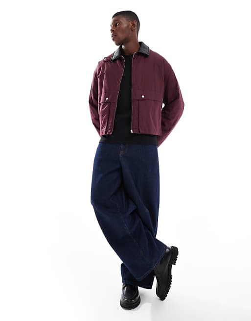 DESIGN Harrington Jacket With Faux Leather Collar In Burgundy
