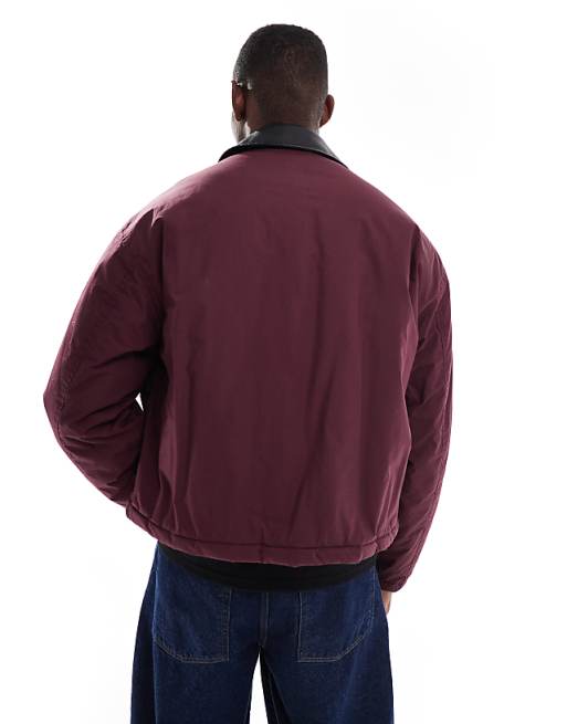 DESIGN Harrington Jacket With Faux Leather Collar In Burgundy