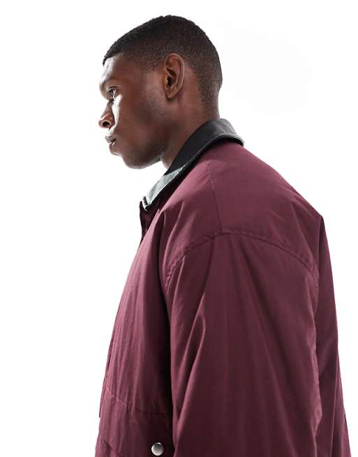 DESIGN Harrington Jacket With Faux Leather Collar In Burgundy