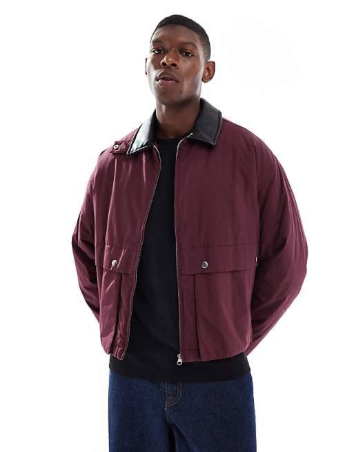 DESIGN harrington jacket with faux leather collar in burgundy