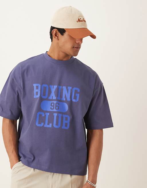 DESIGN heavyweight 240g oversized boxy t-shirt with boxing print detail in blue