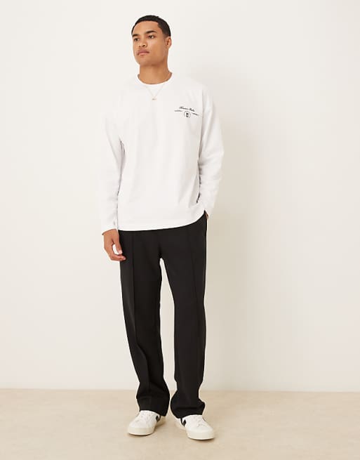 DESIGN Heavyweight 240g Relaxed Fit Long Sleeved T-shirt With Leaf Print In White