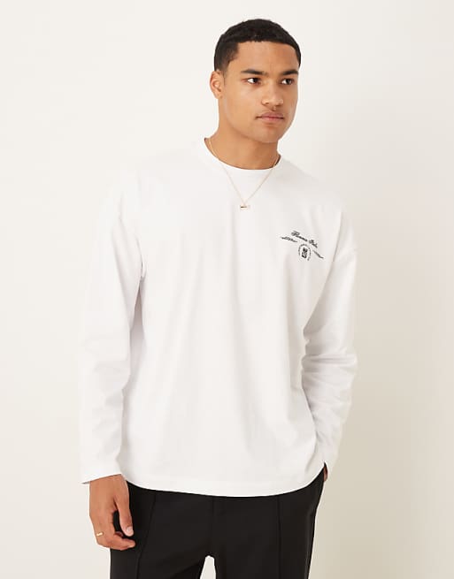 DESIGN Heavyweight 240g Relaxed Fit Long Sleeved T-shirt With Leaf Print In White