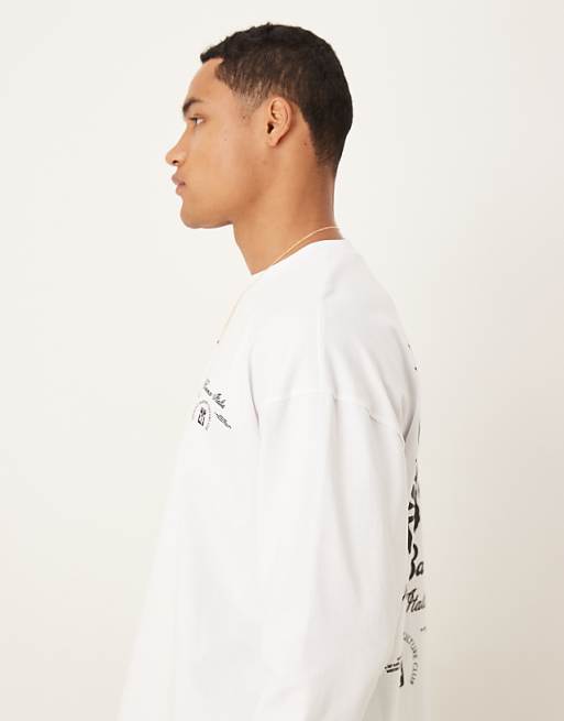 DESIGN Heavyweight 240g Relaxed Fit Long Sleeved T-shirt With Leaf Print In White
