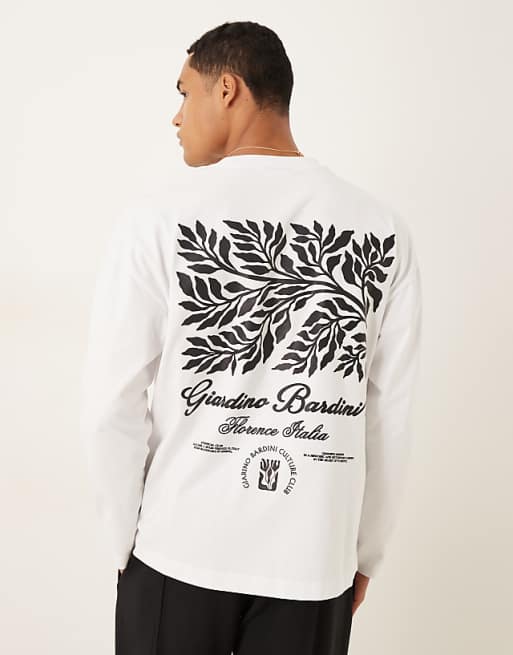 DESIGN heavyweight 240g relaxed fit long sleeved t-shirt with leaf print in white