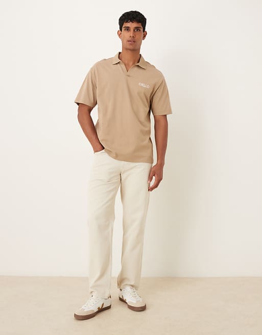 DESIGN Heavyweight 240g Relaxed Fit Polo Shirt With Print Detail In Greige