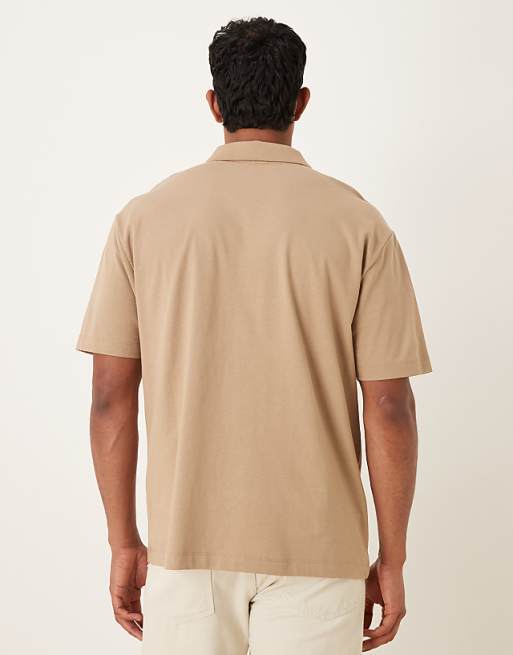 DESIGN Heavyweight 240g Relaxed Fit Polo Shirt With Print Detail In Greige