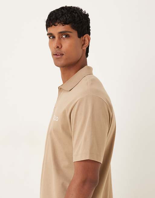 DESIGN Heavyweight 240g Relaxed Fit Polo Shirt With Print Detail In Greige