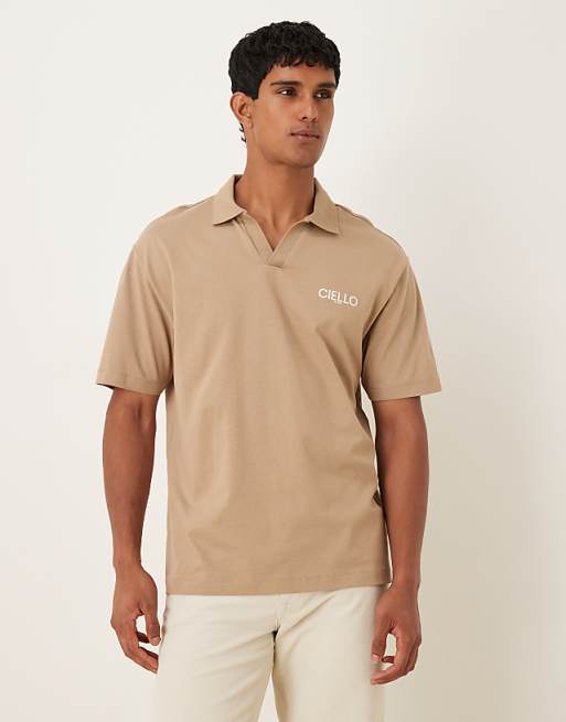 DESIGN heavyweight 240g relaxed fit polo shirt with print detail in greige