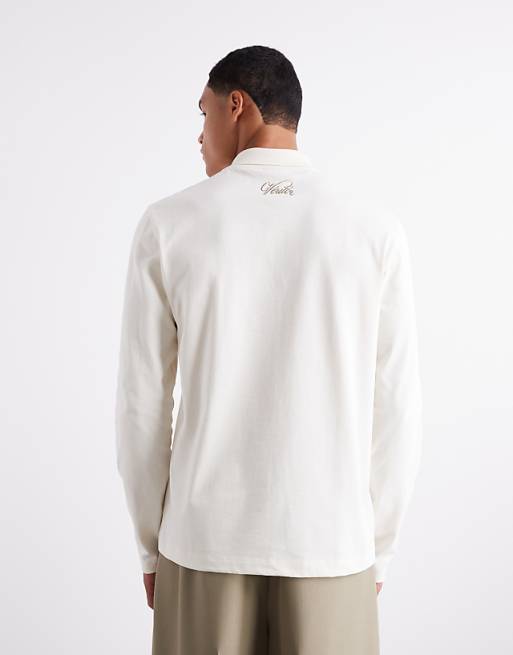 DESIGN Heavyweight 240gsm Long Sleeved Half Zip Polo With Embroidery Detail In Ecru