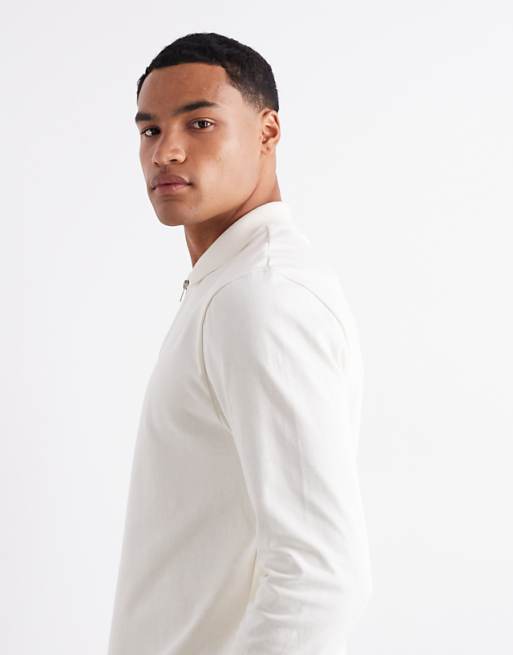 DESIGN Heavyweight 240gsm Long Sleeved Half Zip Polo With Embroidery Detail In Ecru