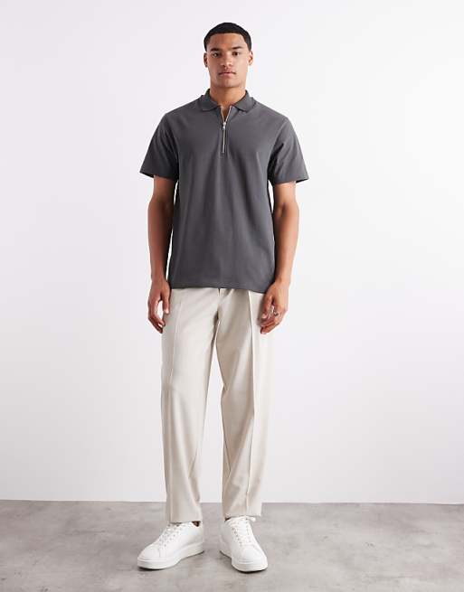 DESIGN Heavyweight 240gsm Long Sleeved Half Zip Polo With Embroidery Detail In Charcoal