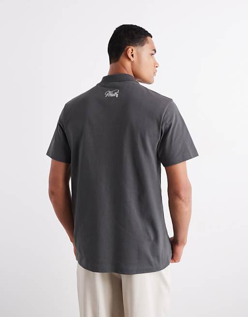 DESIGN Heavyweight 240gsm Long Sleeved Half Zip Polo With Embroidery Detail In Charcoal