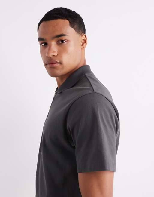 DESIGN Heavyweight 240gsm Long Sleeved Half Zip Polo With Embroidery Detail In Charcoal