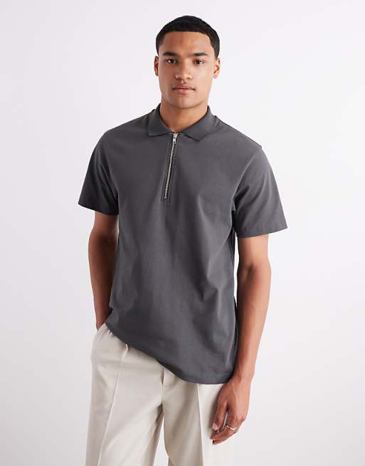 DESIGN heavyweight 240gsm long sleeved half zip polo with embroidery detail in charcoal