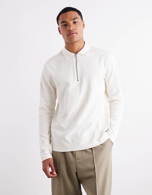 DESIGN heavyweight 240gsm long sleeved half zip polo with embroidery detail in ecru