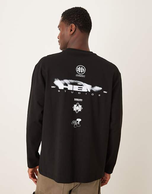 DESIGN heavyweight 240gsm long sleeved relaxed fit t-shirt with spine print in black